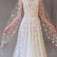 Luxurious A Line Strapless Beaded Floral White Tulle Long Train Wedding Dress SH7726