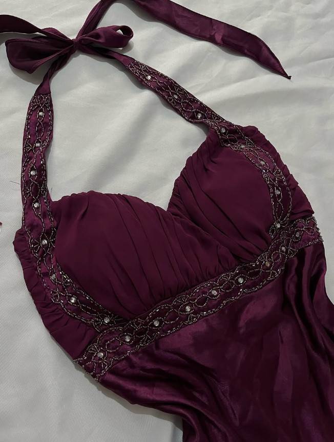 Vintage A Line Halter Beaded Purple Satin Open Back Prom Dress Graduation Prom Dress SH2585