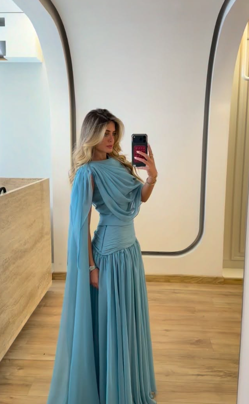 Lake Blue A Line Flowy Chiffon Long Prom Dress Party Evening Dress SH5705