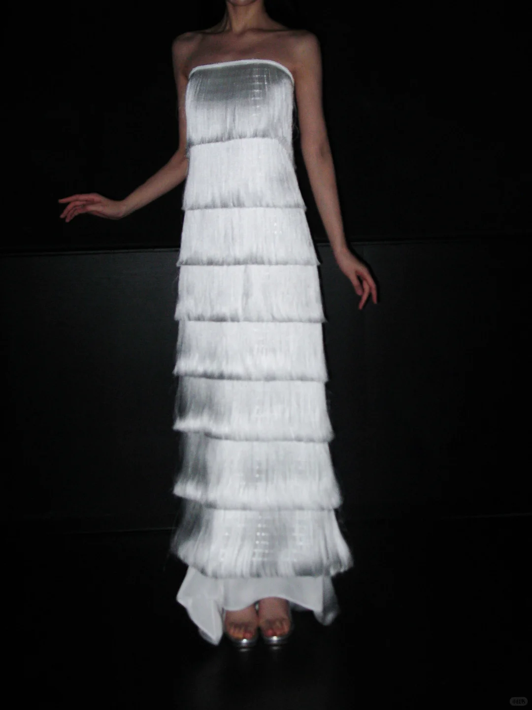 Flowy A Line Strapless Layered Tassel White Satin Long Wedding Dress SH5965
