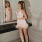 Light Pink A Line V Neck Feather Beaded Satin Short Prom Dress  Hoco Dress SH5512
