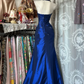 Vintage Halter Mermaid Long Prom Dresses Beaded Royal Blue Satin Birthday Dresses SH5041