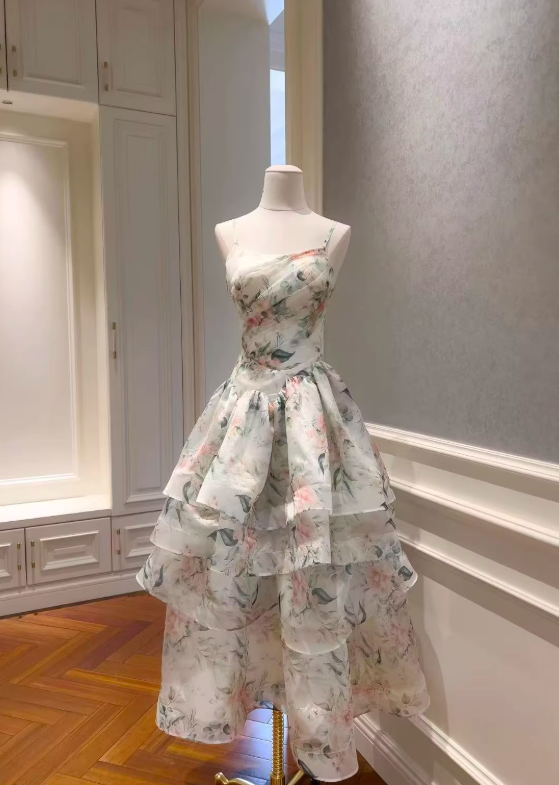 Print Floral A Line Straps Layered Chiffon Prom Dress Outfits SH5156