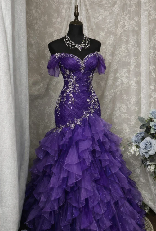 Blue Dreamy Mermaid Exquisite Beaded Layered Ruffle Tulle Prom Dress Evening Gown SH5422