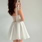 White A Line Bow Straps Satin Short Prom Dress Homecoming Dress SH6010