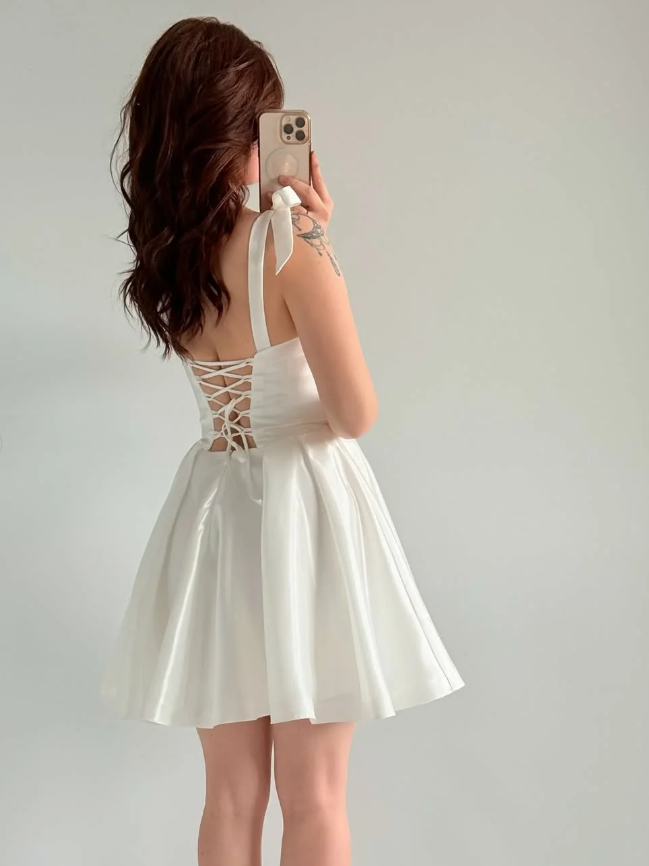 White A Line Bow Straps Satin Short Prom Dress Homecoming Dress SH6010