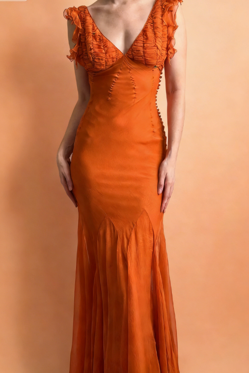 Vintage Mermaid V Neck Orange Chiffon Long Prom Dress SH5136