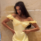 Gentle Yellow A Line Puff Lace Satin Long Prom Dress Party Dress Date Dress SH4004