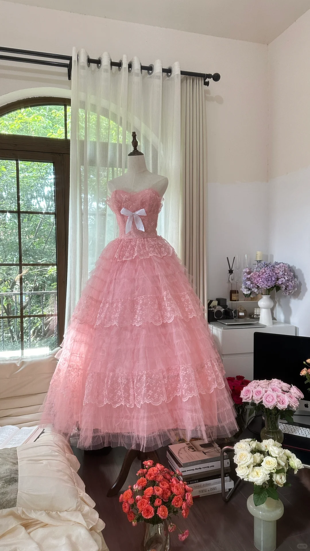 Cute A Line Sweetheart Neck Pink Layered Lace Tulle Long Party Dress Birthday Dress SH2941