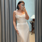Simple Mermaid Spaghetti Strap White Satin Long Wedding  Dress SH4770