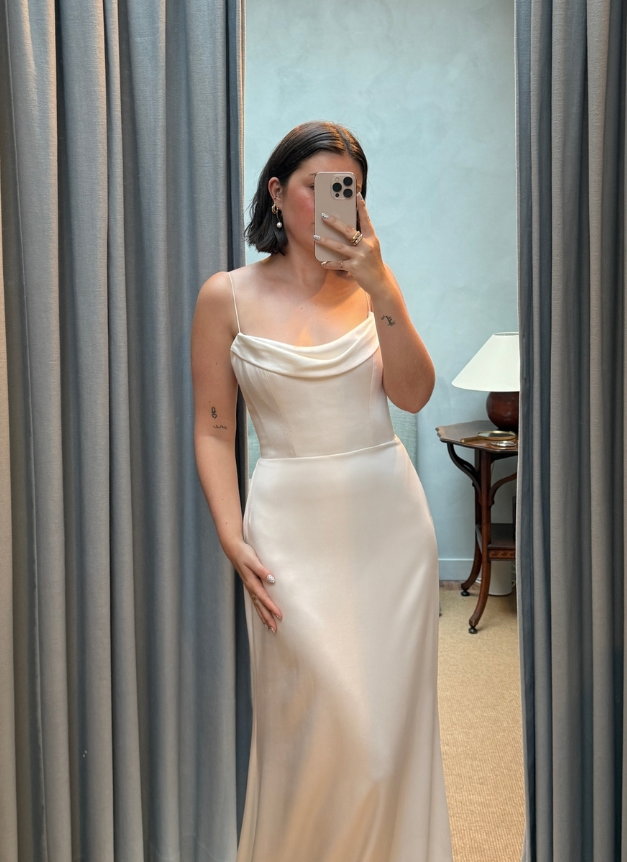 Simple Mermaid Spaghetti Strap White Satin Long Wedding  Dress SH4770