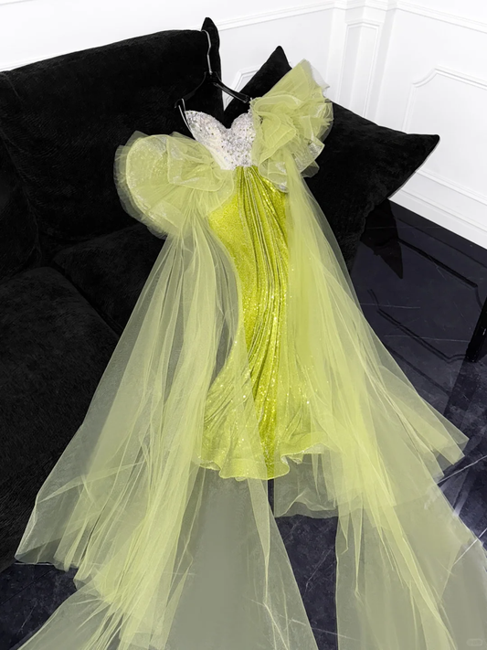 Gorgeous Mermaid Strapless Rhinestone Green Sequin Tulle Long Prom Dress Evening Dress SH3098