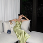 Green Two Piece Sheath Spaghetti Straps Satin Long Prom Dress Evening Dress SH8798