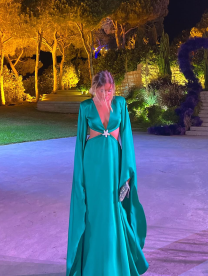 Elegant A Line Long Sleeve Beaded Satin Long Prom Dress Wedding Guest Dress SH5359