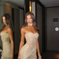 Sexy Strapless Mermaid Slim Fit Champagne Sequin Prom Dress Long Evening Dress SH1505