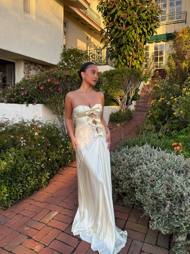 Yellow A Line Sweetheart Neck Bow Knot Satin Long Prom Dress Evening Dress SH8963