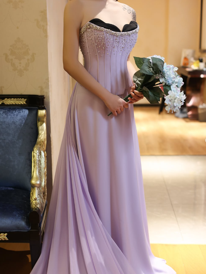 Lilac A Line Sweetheart Neck Beaded Satin Chiffon Long Prom Dress Evening Dress SH2370