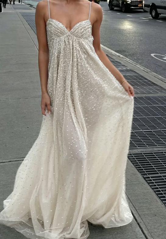 Gentle Pink A Line Spaghetti Strap Sequin Tulle Long Prom Dress Evening Dress Formal Dress SH3656