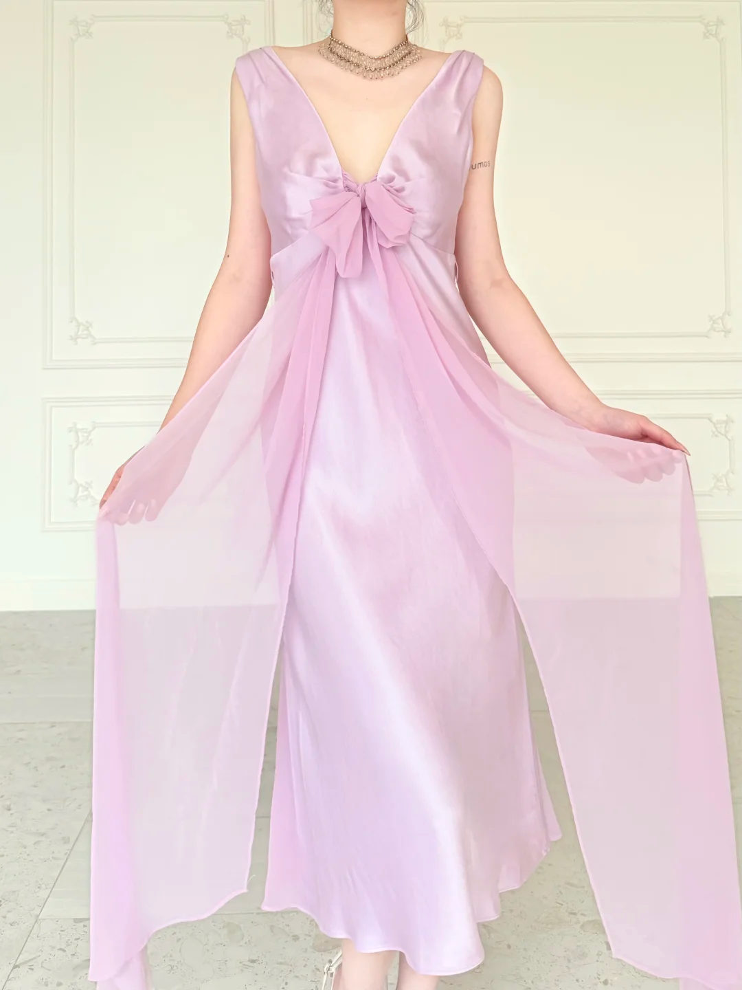 Gentle Light Purple A Line V Neck Chiffon Satin Prom Dress Evening Dress SH6759
