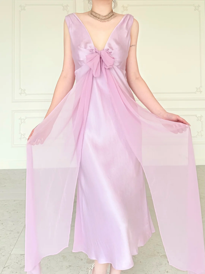 Gentle Light Purple A Line V Neck Chiffon Satin Prom Dress Evening Dress SH6759