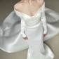 Unique Mermaid Long Sweep Pleated White Simple Satin Long Sweep Wedding Dress SH4758
