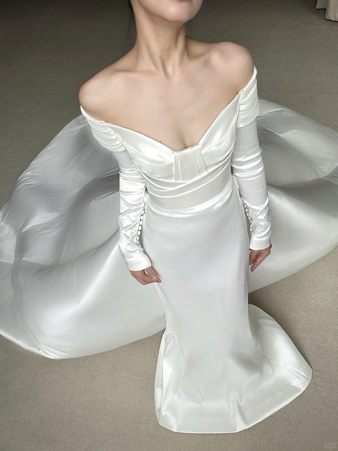 Unique Mermaid Long Sweep Pleated White Simple Satin Long Sweep Wedding Dress SH4758