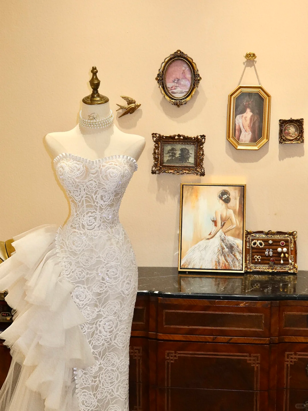 Modern Mermaid Strapless White Lace Tulle Long Prom Dress Wedding Dress SH7395