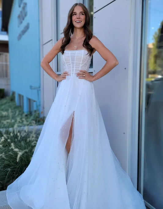 Ethereal A Line Strapless White Pearl Tulle Wedding Dress with Slit SH7116