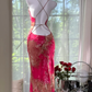 Hot Pink Vintage Mermaid Spaghetti Straps Print Floral Chiffon Prom Dress SH5199