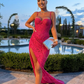 Sexy Hot Pink Sheath Straps Lace Long Prom Dress Date Dress with Slit SH5567