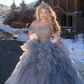 Exquisite Beaded A Line Off the Shoulder Grey Tulle Long Evening Dress Party Dress SH3487