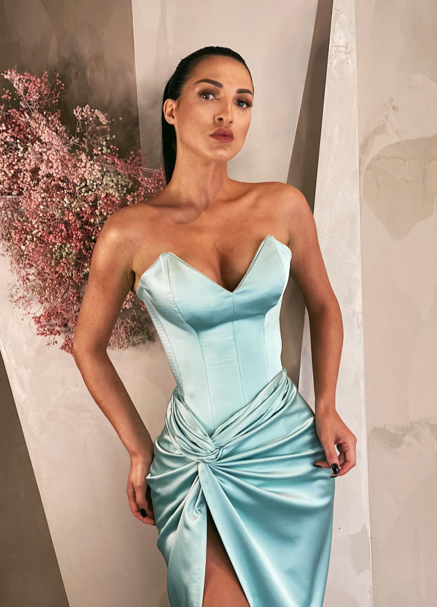 Sexy Baby Blue Sheath Sweetheart Neck Satin Prom Dress Evening Dress with Slit SH6126