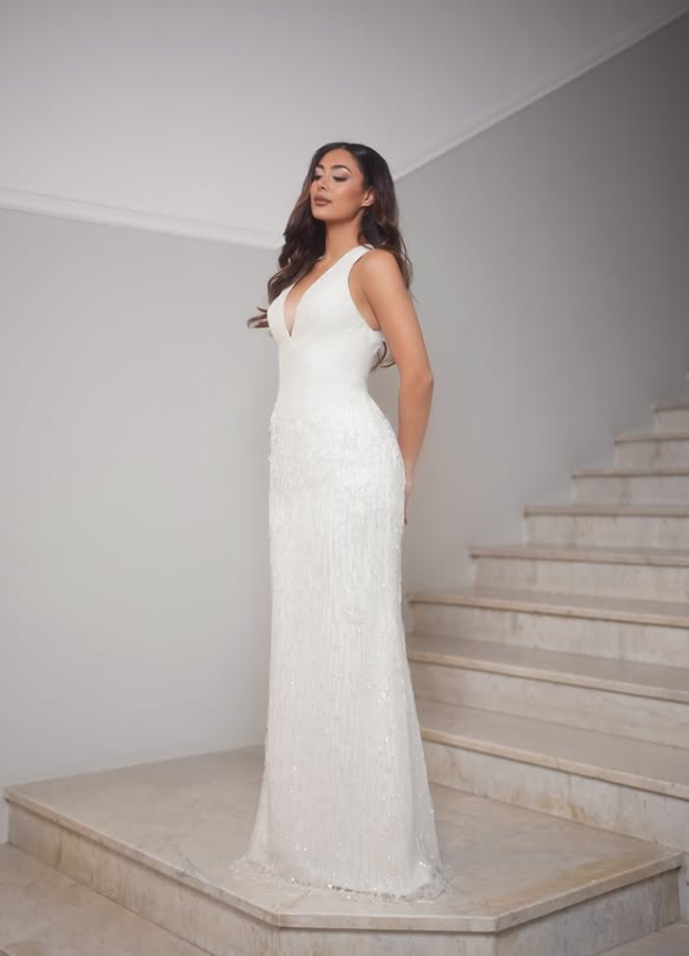 Luxurious Sheath V Neck Beaded White Satin Long Prom Dress Evening Dress SH6535