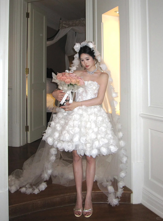 Exquisite 3D Floral A Line Strapless White Tulle Short Cocktail Dress Homecoming Dress SH3403