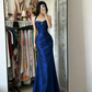 Vintage Halter Mermaid Long Prom Dresses Beaded Royal Blue Satin Birthday Dresses SH5041