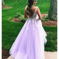 Purple Tulle Appliques V Neck Prom Dresses SH998