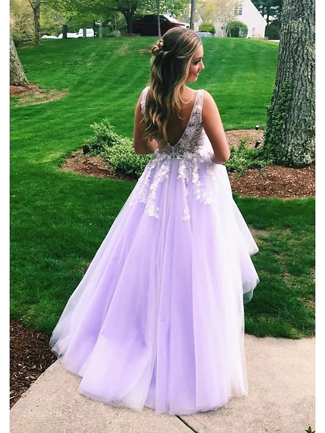Purple Tulle Appliques V Neck Prom Dresses SH998