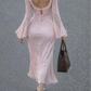Gentle Pink Sheath Long Sleeve Chiffon Satin Long Prom Dress Outfits SH5202