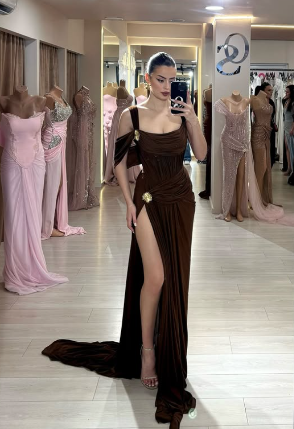 Dark Brown Sheath Straps Satin Long Prom Dress Party Dress with Slit SH4812