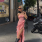 Pink A Line Strapless Ruffled Chiffon Prom Dress Outfits with Slit SH1971