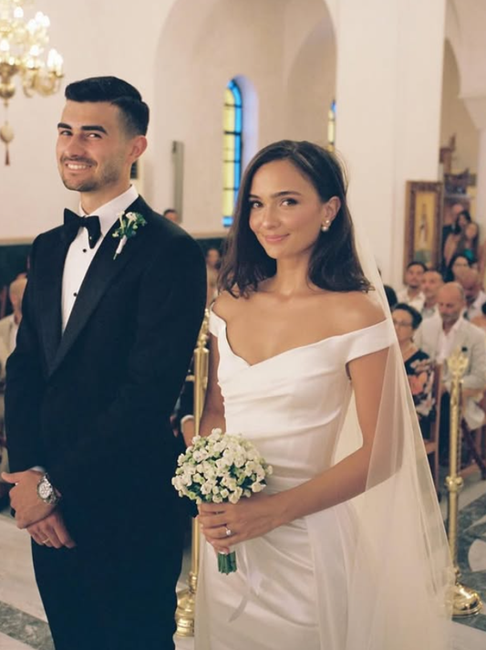 Stunning A Line Off the Shoulder White Satin Long Sweep Wedding Dress SH4857