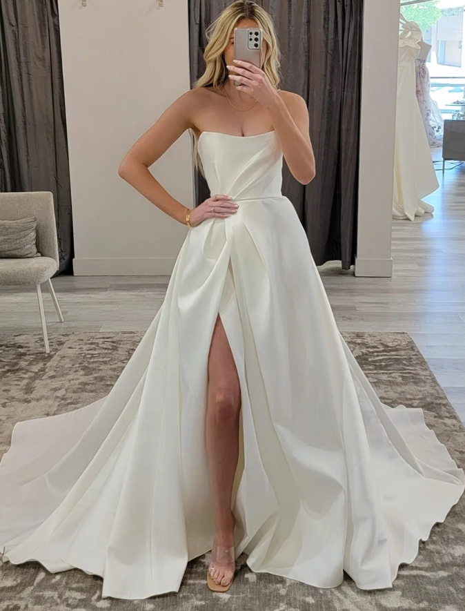 Simple Elegant A Line Strapless Pleated Satin Slit Wedding Dress SH7135
