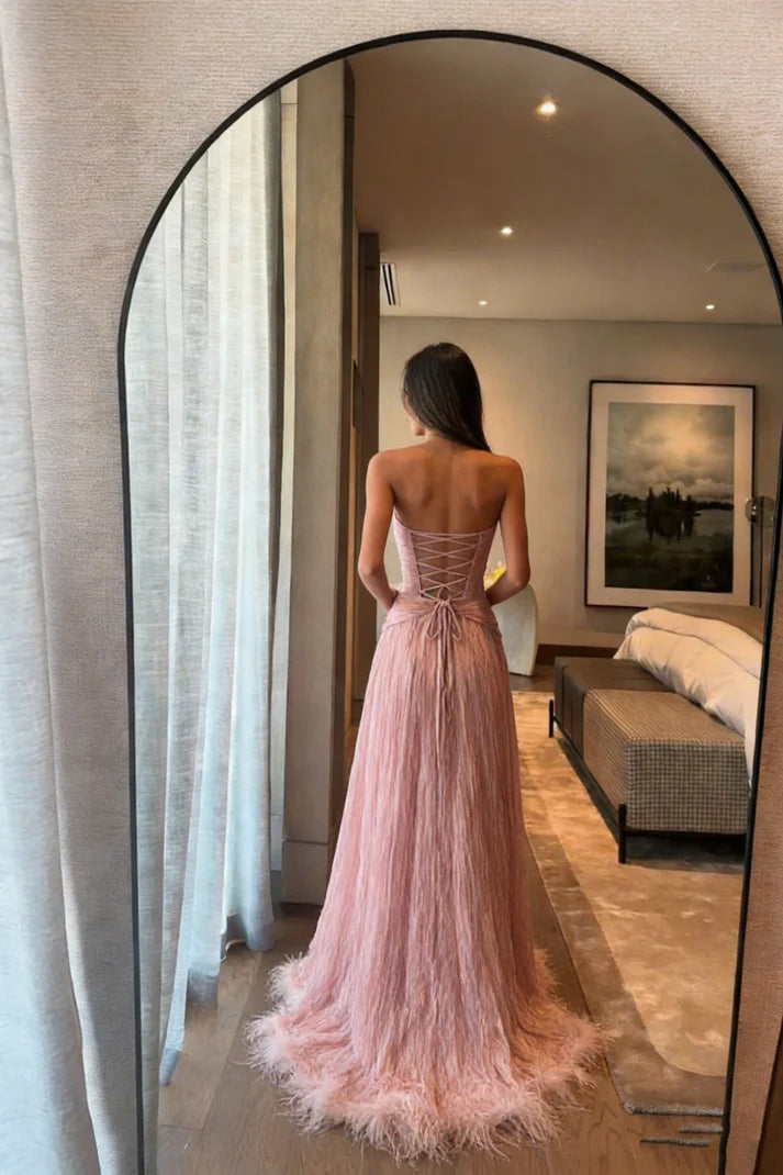 Special A Line Sweetheart Pleated Chiffon Pink Sleeveless Feathers Long Prom Dresses Inspo Prom Gown SH6411