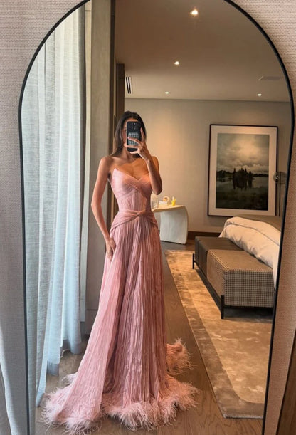 Special A Line Sweetheart Pleated Chiffon Pink Sleeveless Feathers Long Prom Dresses Inspo Prom Gown SH6411