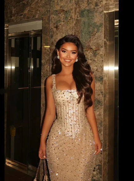 Lavish Mermaid Square Sleeveless Beaded Prom Dress Formal Evening Gowns SH6409