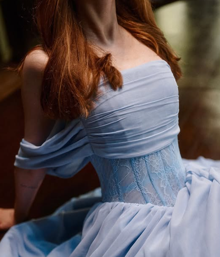 Gentle Blue A Line Off the Shoulder Corset Lace Chiffon Prom Dress Evening Dress SH6695