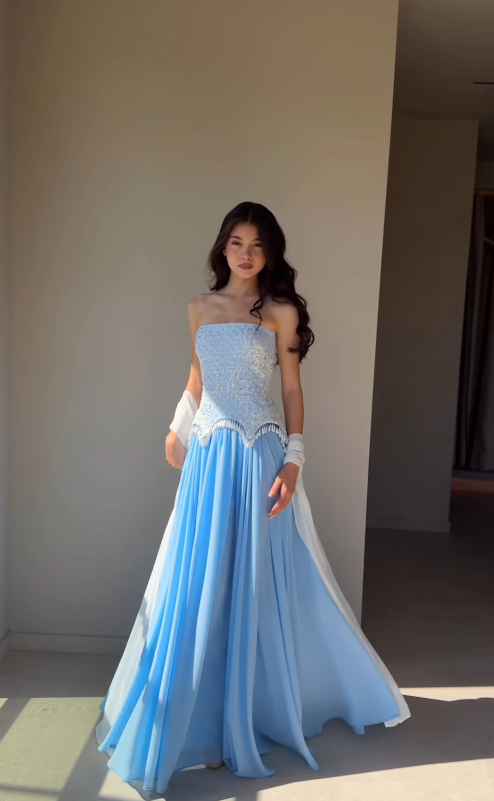 Beautiful Blue A Line Strapless Exquisite Beaded Chiffon Long Prom Dress Evening Dress SH6750