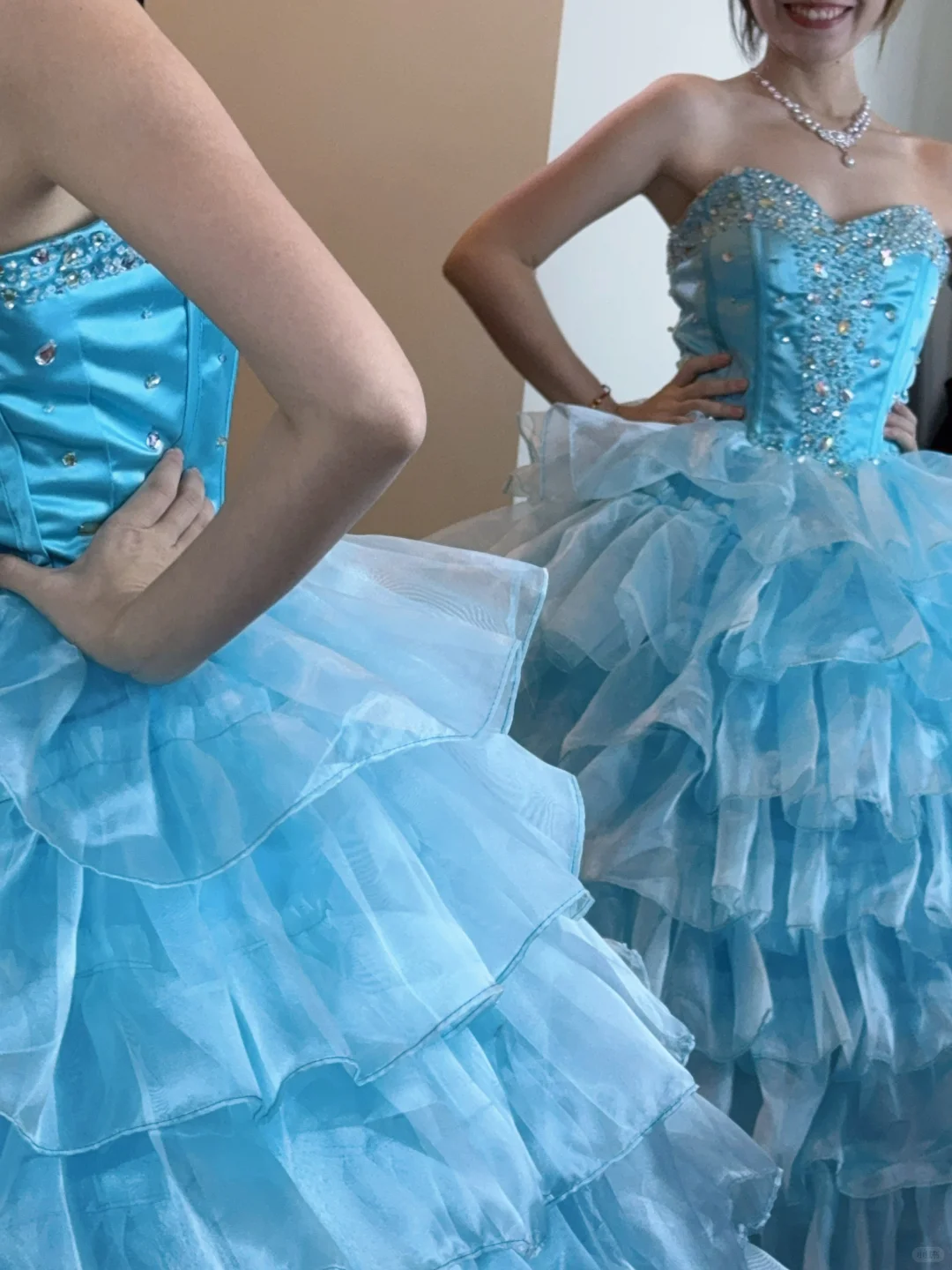 Blue Vintage Ball Gown Strapless Beaded Layered Organza Satin Long Prom Dress 16th Birthday Dress SH5213