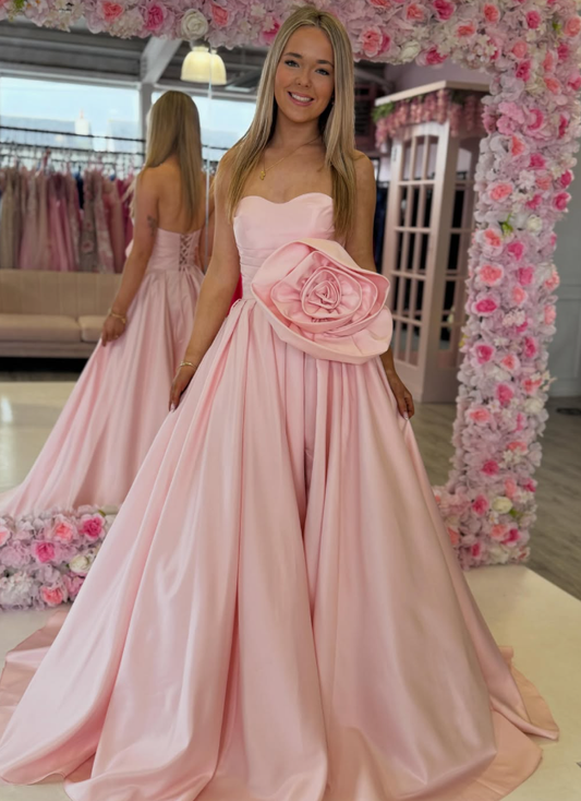 3D Floral Cute Pink A Line Sweetheart Neck Satin Prom Dress Evening Dress SH6653