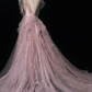 Pink Beaded A Line V Neck Ruffle Tulle Prom Dress Evening Dress Party Dress SH3619